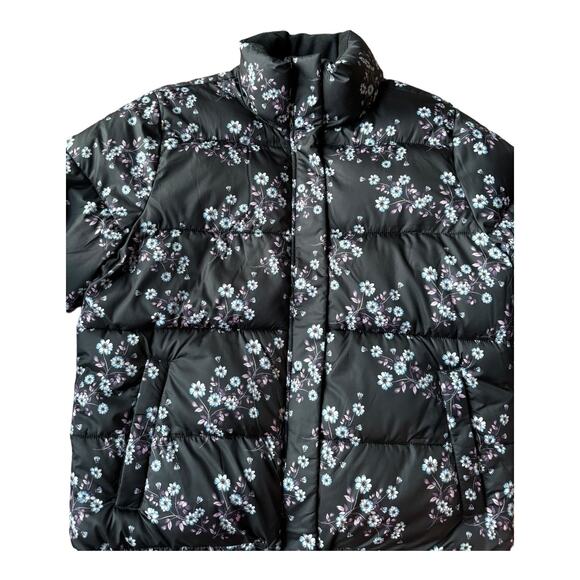 Floral puffer jacket by Skechers black, blue & pink stand collar size large - Picture 6 of 12